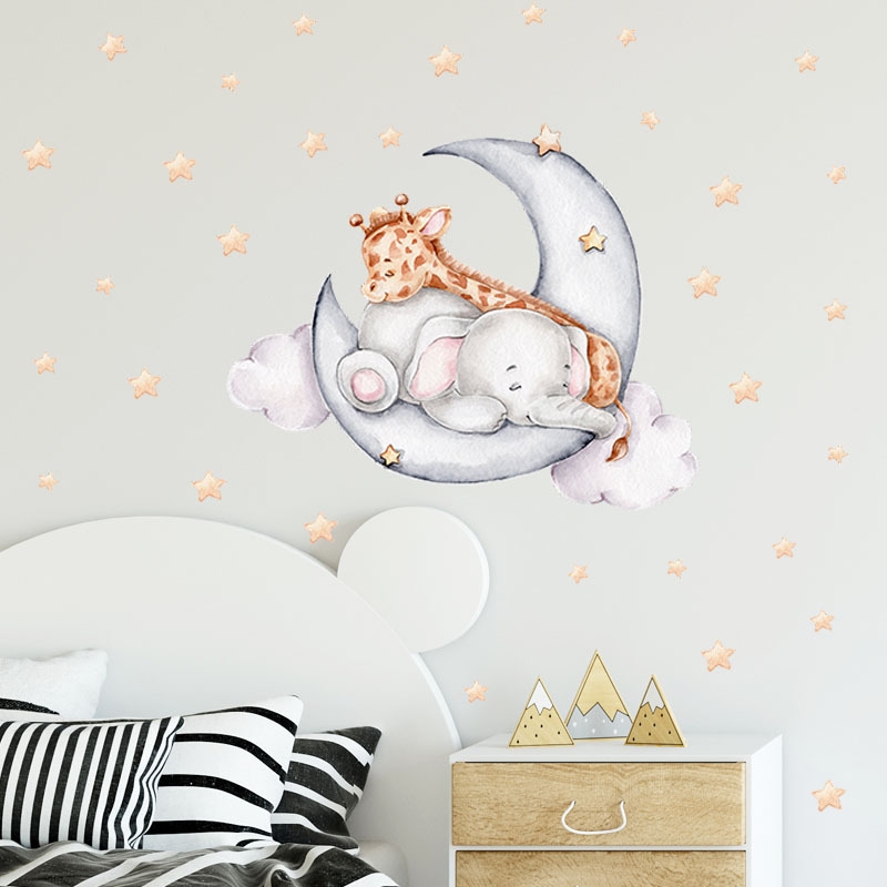 Vinilo decorativo - Jirafa y elefante durmiendo en la luna