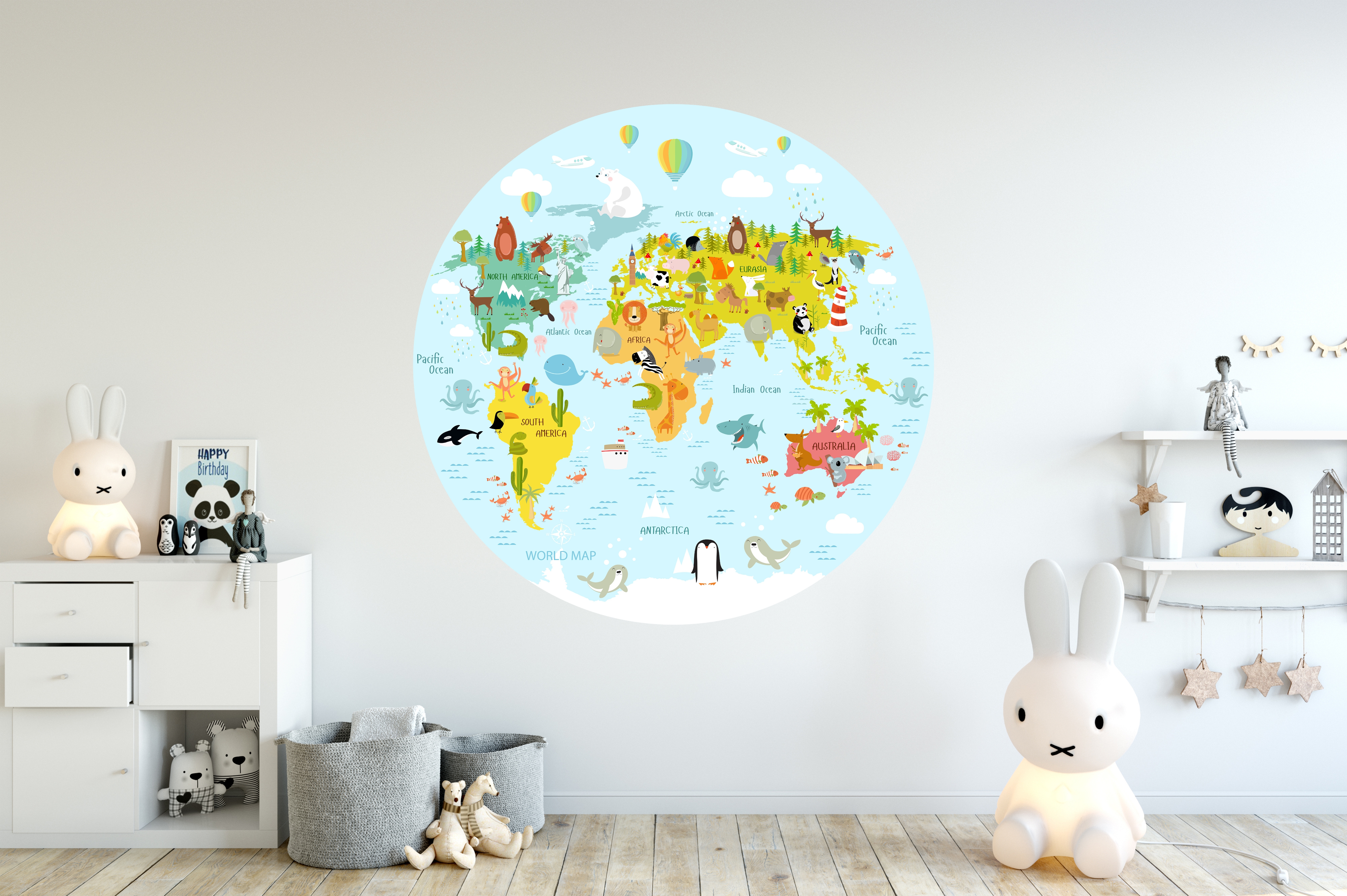 Adhesivo de pared - Mapamundi  / Avión y globo aerostático / Círculo