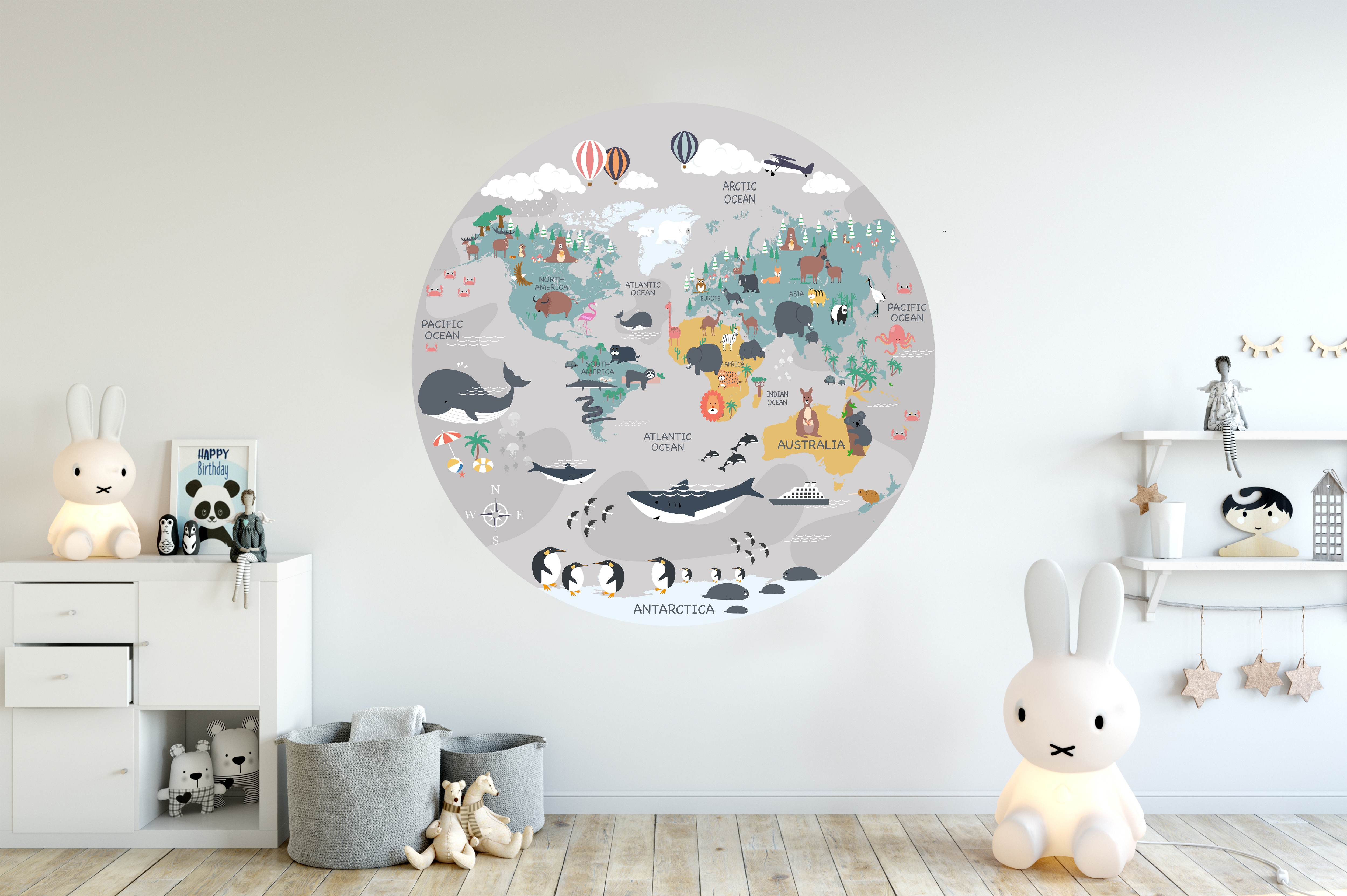 Vinilos Decorativos - Mapamundi / Globos Aerostáticos y Pingüinos / Círculo