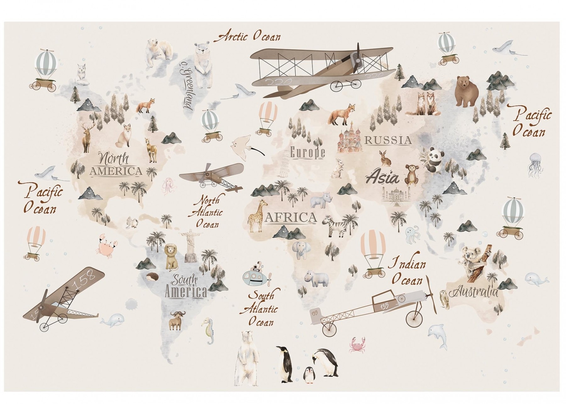 Vinilo decorativos - Mapamundi con Animales, Árboles, Montañas y Aviones