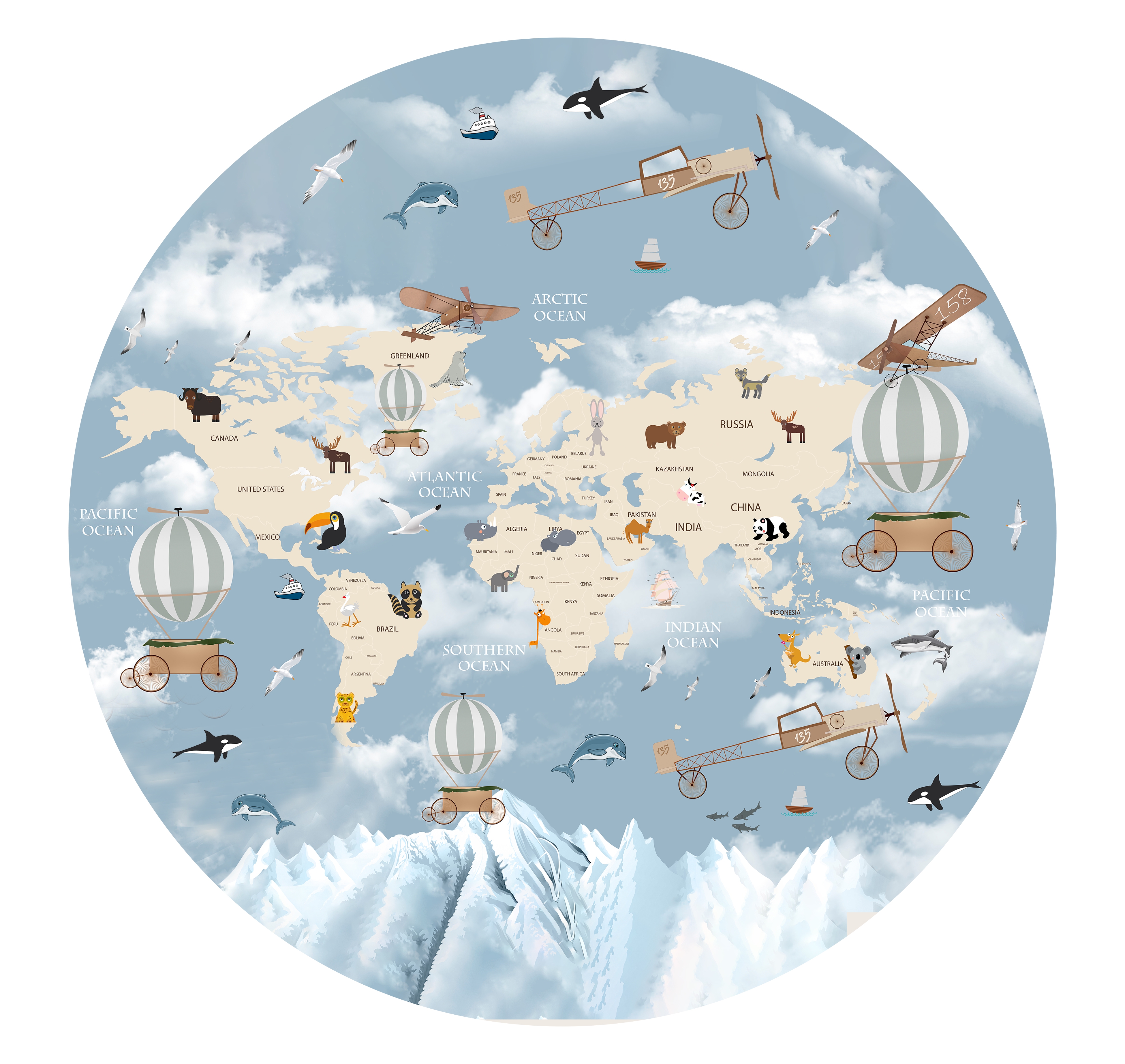 Vinilo decorativo - Mapamundi / Globos aerostáticos / Círculo