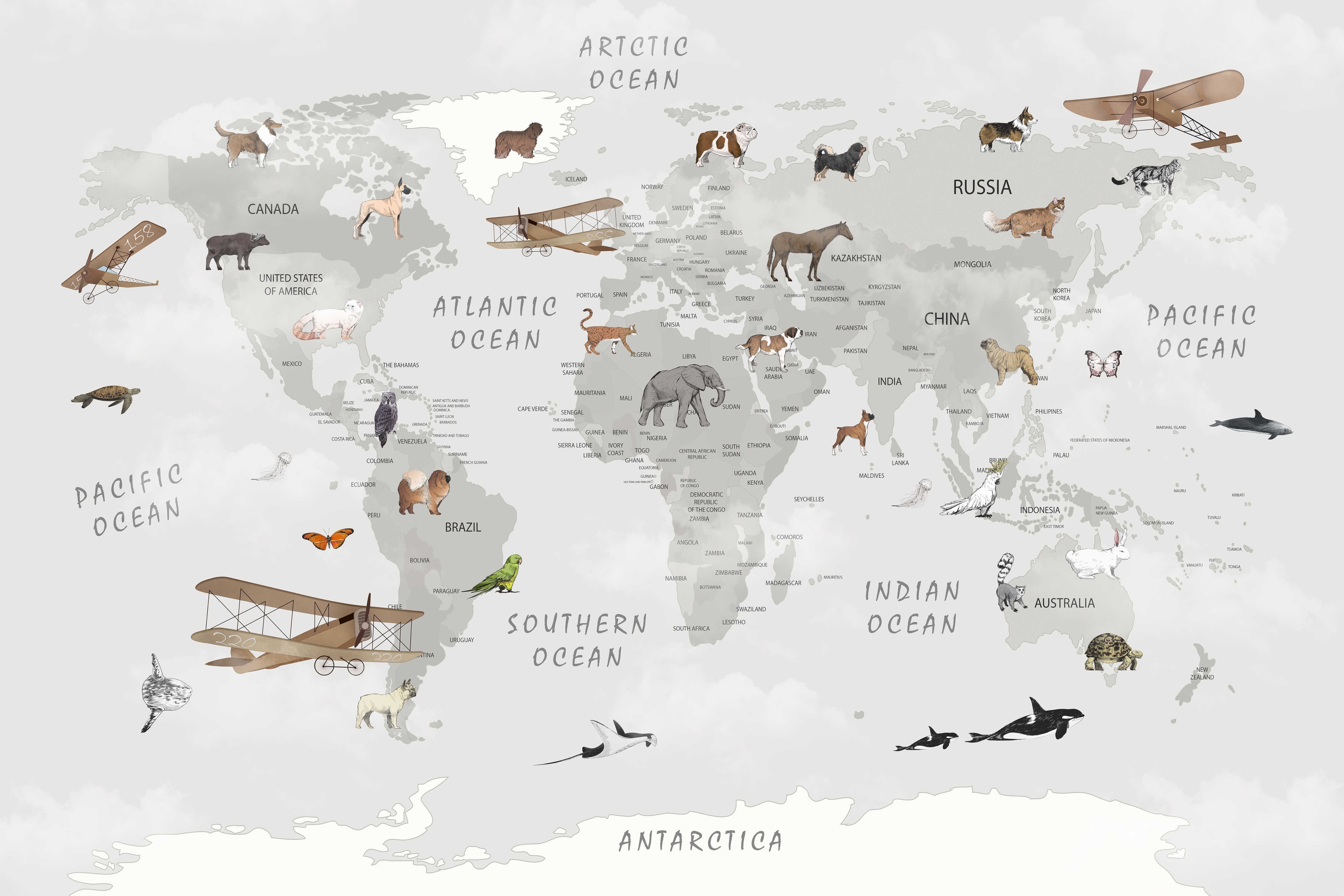 Vinilo decorativos - Mapamundi / Biplanos y Animales