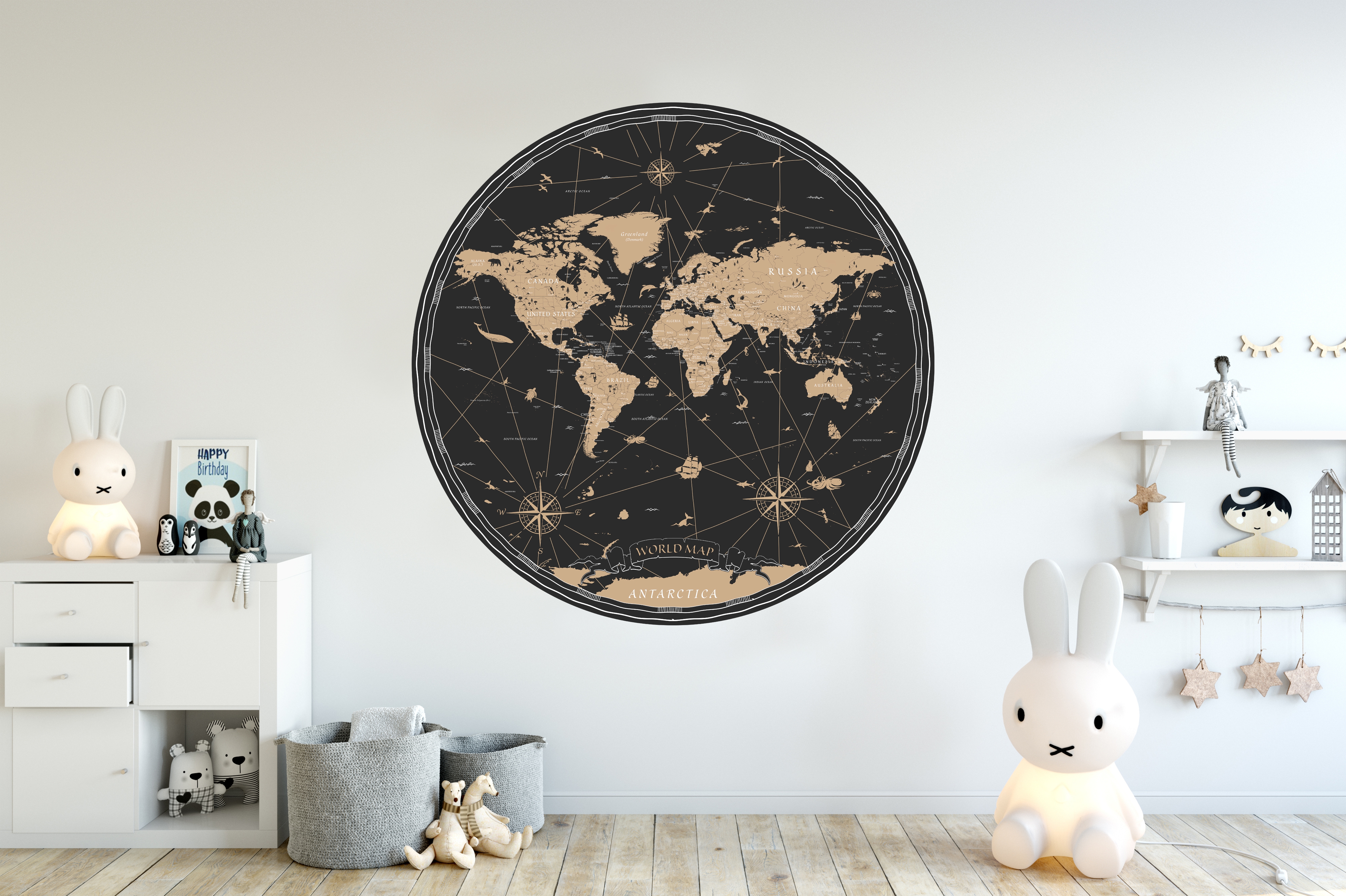 Adhesivos de pared - Mapamundi / Animales terrestres y marinos / Círculo
