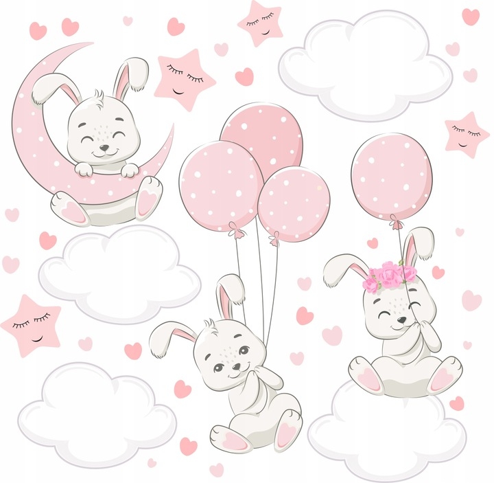 Vinilo decorativo - Conejos con Nubes y Globos