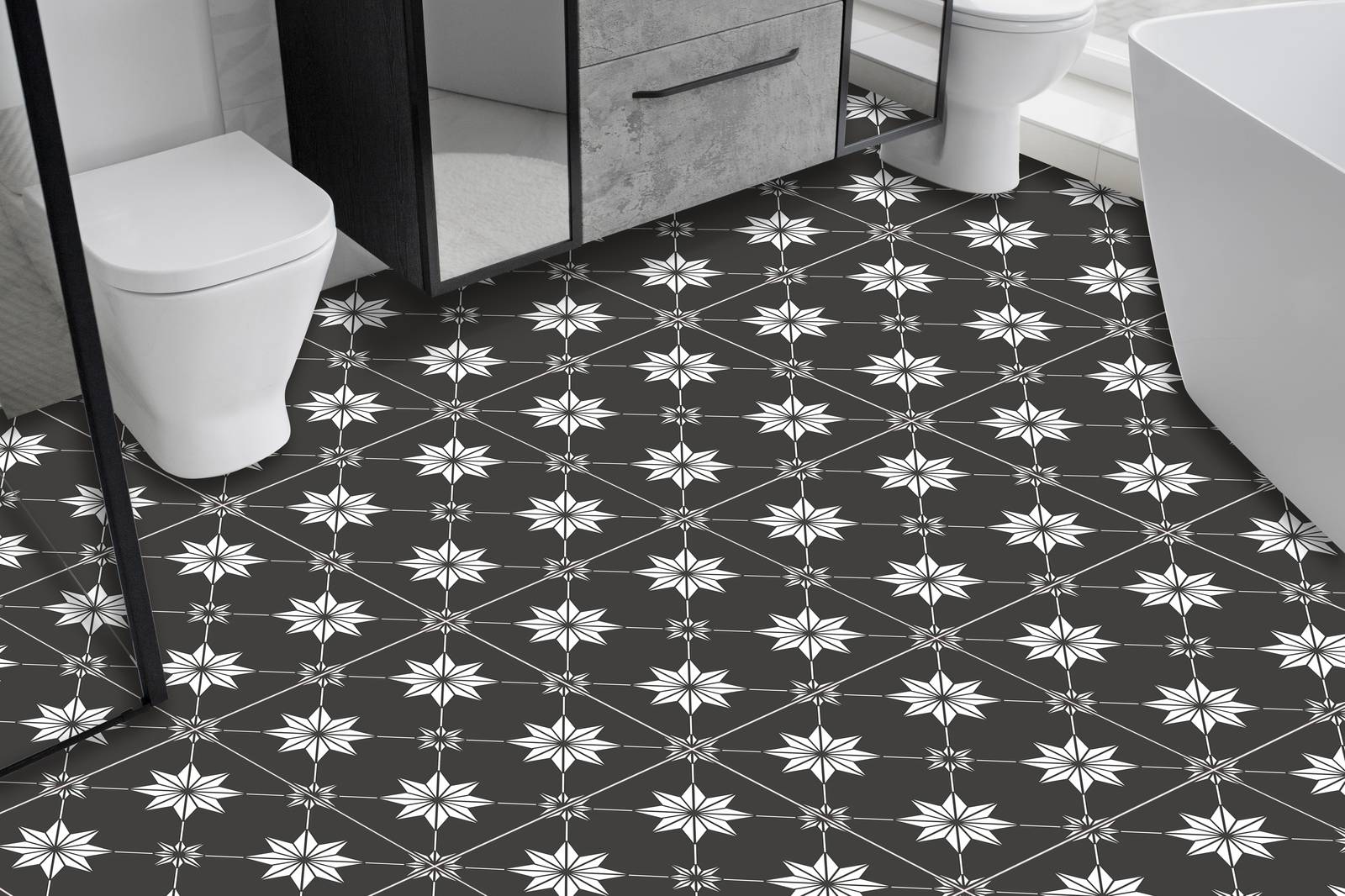 Azulejos de suelo con patrón de estrellas en blanco y negro - 24 uds