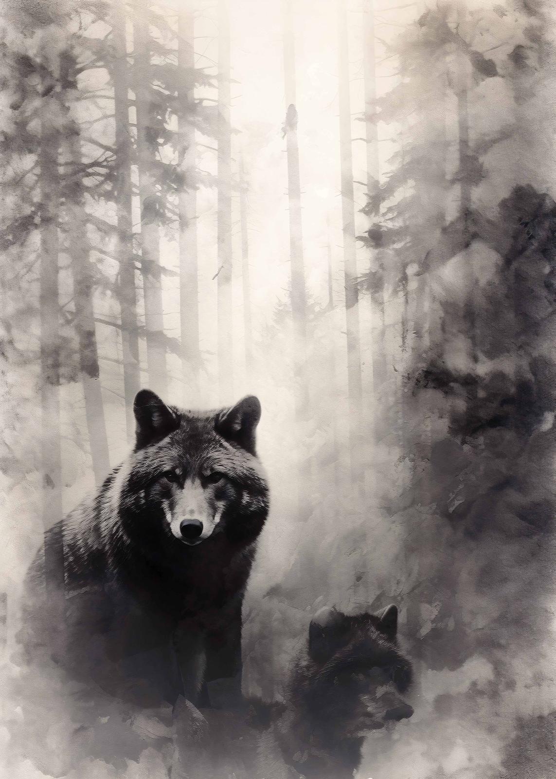 Póster - Lobos en Bosque Brumoso