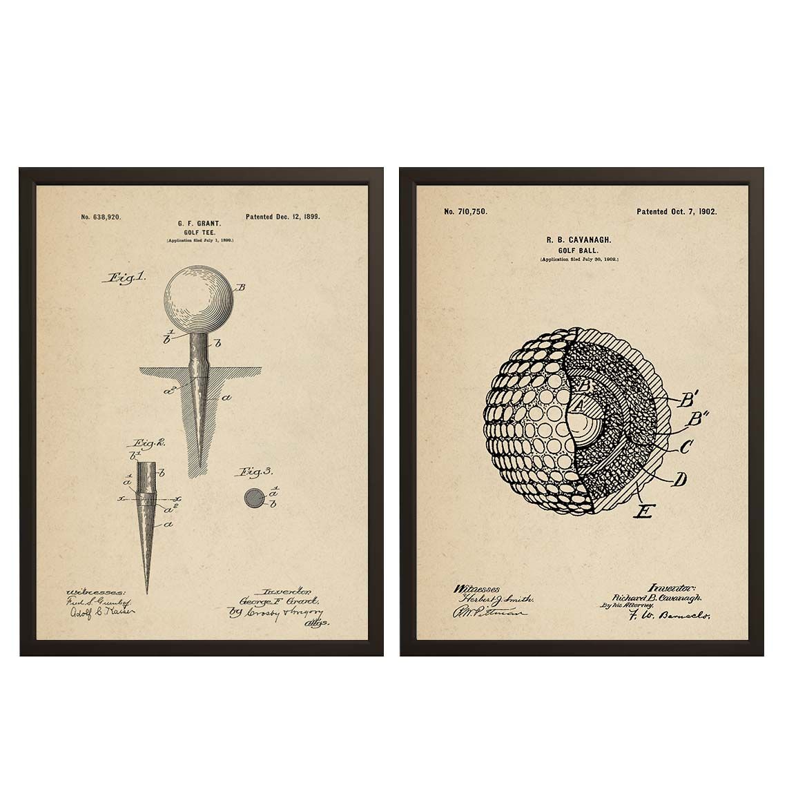 Cartel de Dibujo de Patente - Pelota y Tee de Golf / Set de 2