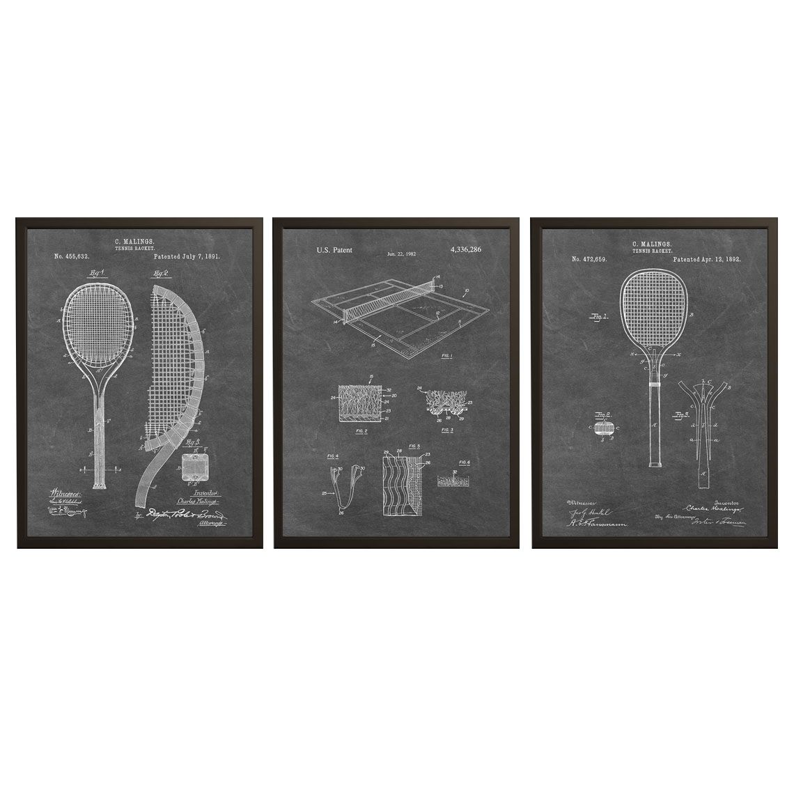Póster de Dibujo de Patente - Raqueta y Pista de Tenis / Set de 3