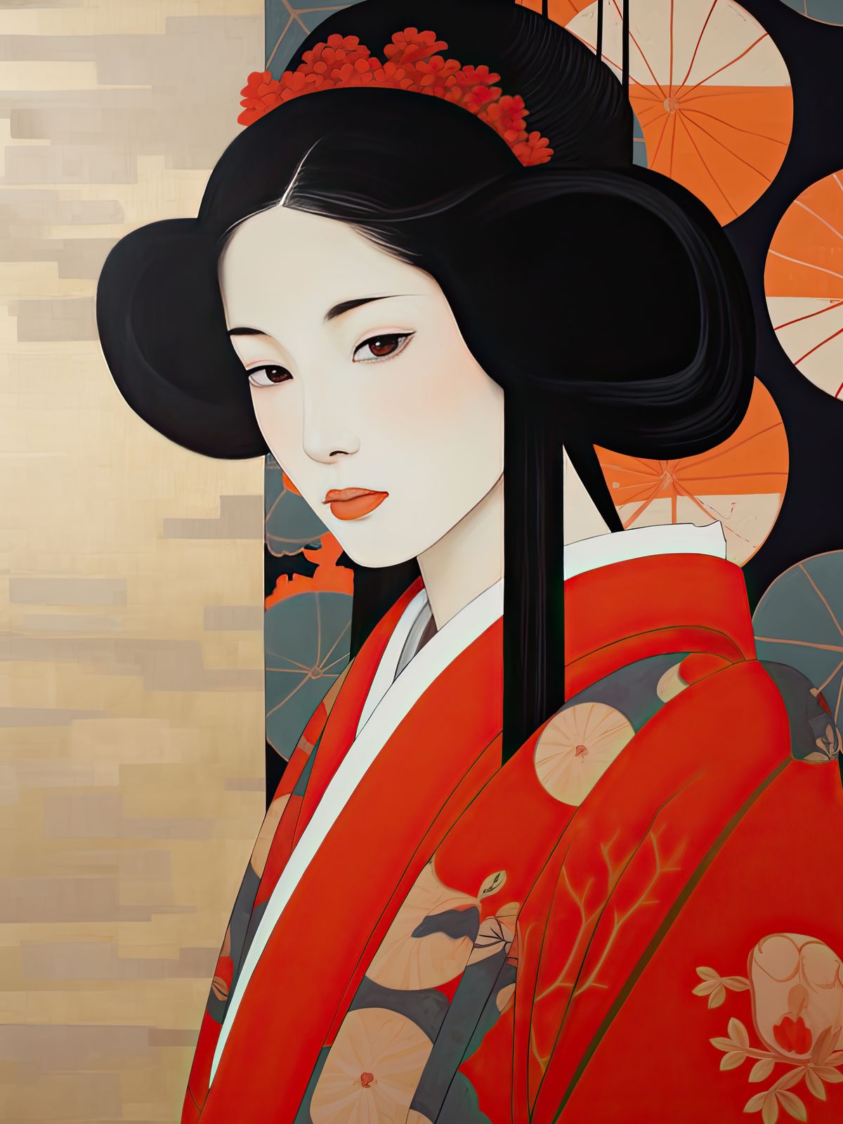 Póster - Geisha en kimono rojo