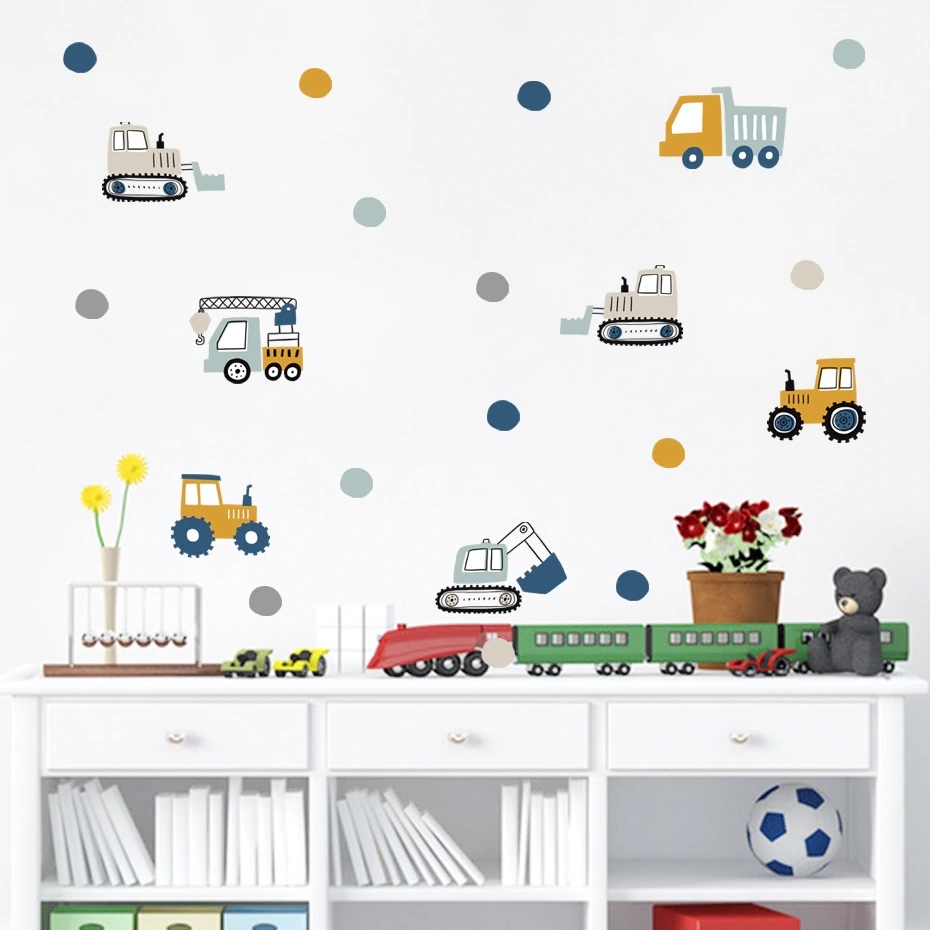 Vinilo decorativo - Vehículos de construcción de dibujos animados con puntos